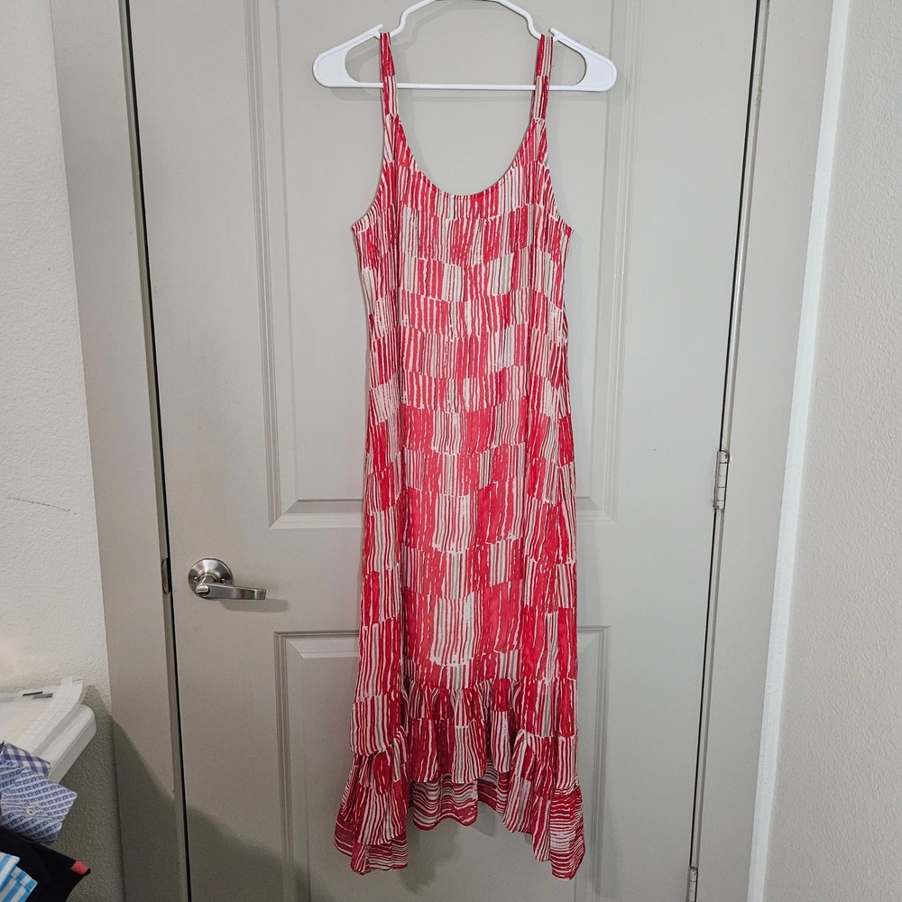 NIC+ZOE Red White Abstract Print Ruffle Hem Midi Dress Womens Small Sleeveless